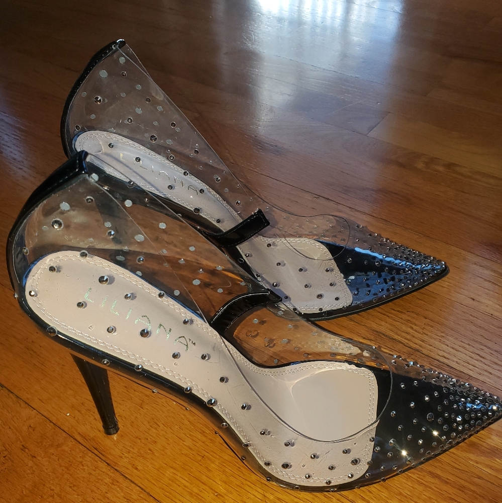 Liliana Clear Rhinestone Black Badass Heels Deadstock Size 9